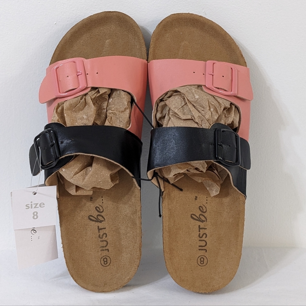 Women's Black & Pink Double Buckle Cork Footbed Sandals, Size 8, New With Tag